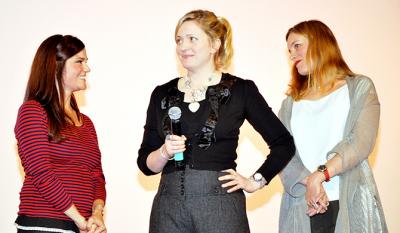 Bindu de Stoppani and Claire Price, filmmaker and leading actress of <i>Jump</i>, with Emily Man producer
