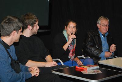 Andrea Pellerani e Sandro Thoma, regista e protagonista di <i>La tua casa è la mia città</i>, con Gaia Regazzoni Jäggli e Aldo Balmelli, autori del libro 